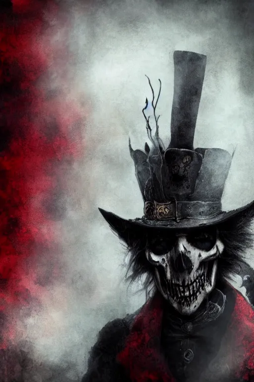 Prompt: the ghost - spirit of the grim - hatter wears the scarlet skull armor and blood crown, midnight fog - mist!, dark oil painting colors, realism, cinematic lighting, various refining methods, micro macro autofocus, ultra definition, award winning photo