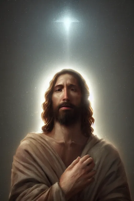 Image similar to portrait of jesus doing a facepalm, dim volumetric lighting, 8k octane beautifully detailed render, post-processing, extremely hyperdetailed, intricate, epic composition, grim yet sparkling atmosphere, cinematic lighting masterpiece, trending on artstation