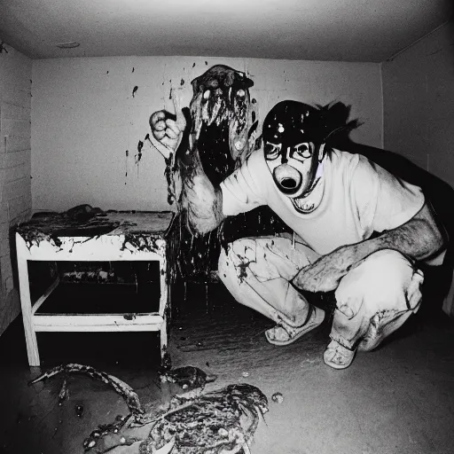 Image similar to 1 9 9 3, disposable camera, flash, old house, creature, meat, ooze, slime, veins, pov