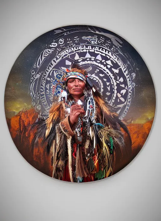 Image similar to indigenous highly decorated round drum, fantasy art, matte painting