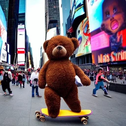 Prompt: a photo of a teddy bear riding a skateboard in Times Square