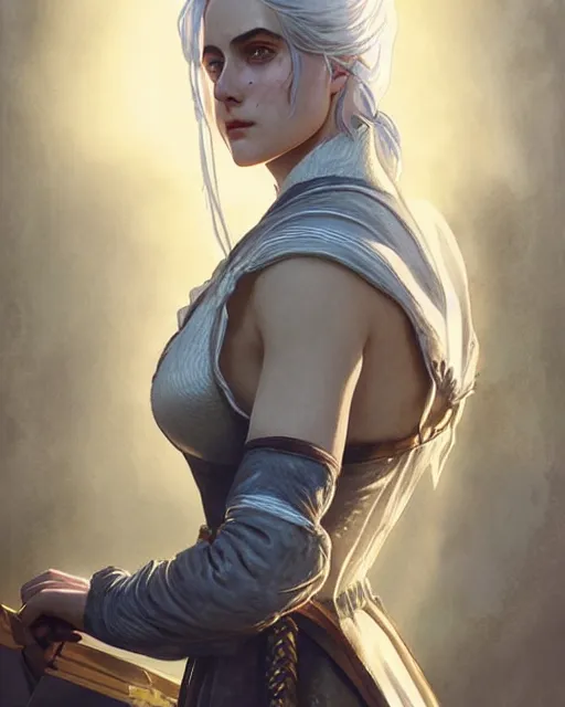 Image similar to Pre-Raphaelite Ciri from Witcher 3 by Artgerm and Greg Rutkowski, wearing haute couture by schiaparelli, sharp focus, sun rays, intricate, elegant, highly detailed, digital painting, pale