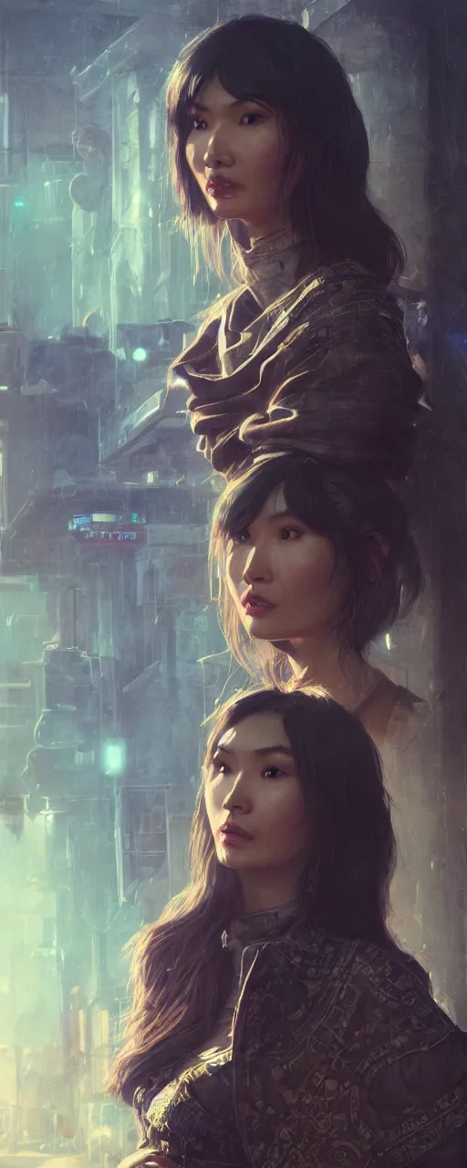 Image similar to portrait of gemma chan tavern bard, intricate face, sad expression, sweat, narrow dark streets with exotic dancers, vaporwave aesthetics, 8 k uhd, unreal engine, octane render in the artstyle of finnian macmanus, john park and greg rutkowski