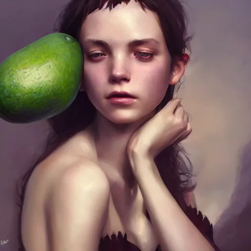 Image similar to ennie award winner lauren walsh lovingly cradling an avacado, fullbody, ultra high detailed, oil painting, greg rutkowski, charlie bowater, yuumei, yanjun cheng, lauren walsh, unreal 5, daz, hyperrealistic, octane render, rpg portrait, dynamic lighting, fantasy art, beautiful face