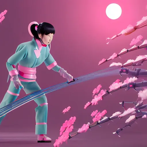 Image similar to a japanese woman battles pink robots, illustrated, detailed, 4 k