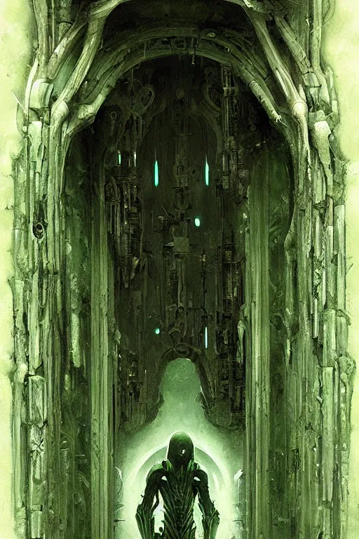 Prompt: portal from hell to a beautiful green meadow by giger, greg rutkowski