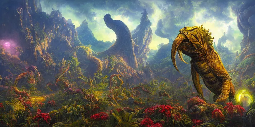 Image similar to fantasy oil painting, great leviathan, cybernetic turtle cephalopod terrapin reptilian pachyderm squid, hybrid, anubis, epic, natural light, lush plants flowers, spectacular mountains, bright clouds, ufo, luminous sky, outer worlds, golden daple lite, craig mullins, michael cheval