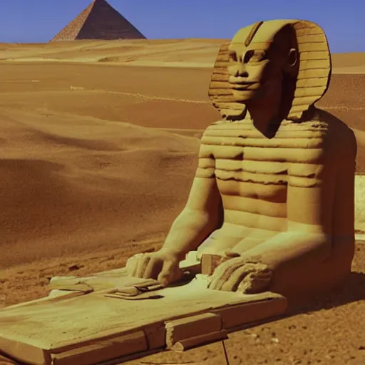 Prompt: Great Sphinx of Giza Sphinx writing code on a laptop for an important project in a corn field beatiful digital art