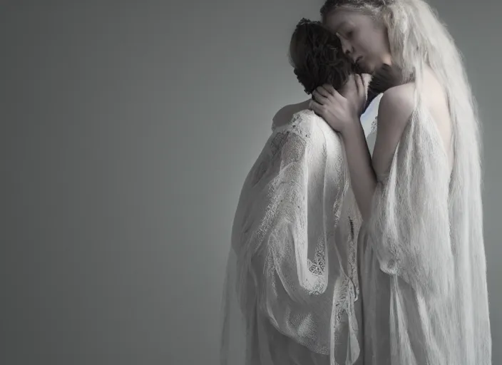 Image similar to jesus hugging a woman, spirit hugs, in style of paolo roversi, britt marling style 3 / 4, a beautiful ethereal lace white robe, 8 k, soft focus, soft light, volumetric lighting, highly detailed realistic, refined, highly detailed, natural outdoor soft pastel lighting colors scheme