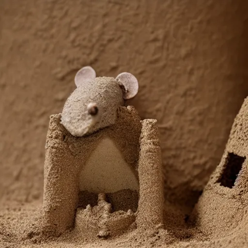 Image similar to dslr photo still of a mouse inside a sand castle, 8 k, 8 5 mm f 1. 4