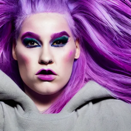 Prompt: a woman with pink hair, purple eyebrows, and a septum ring, editorial photography