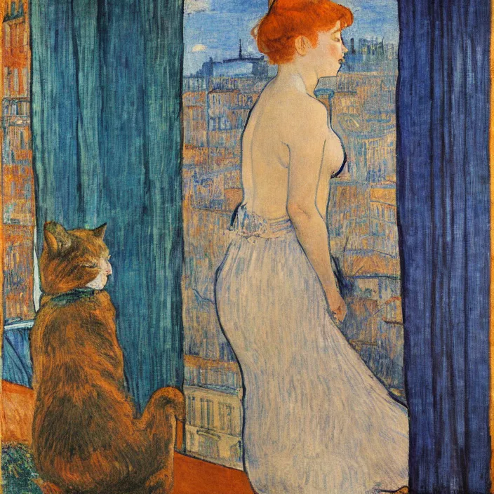 Image similar to woman in vermillion dress and white cat with city with gothic cathedral seen from a window frame with curtains. dark indigo blue, turquoise, gold, earth brown. sunset. bonnard, henri de toulouse - lautrec, utamaro, matisse, monet