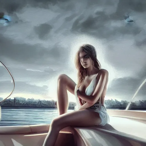 Image similar to beautiful russian models on a yacht, moody lighting, peaceful atmosphere, digital art, highly detailed, high contrast, beautiful lighting, award winning, trending on art station, 8 k,