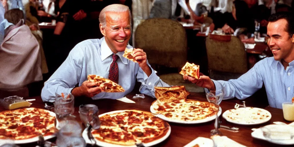 Image similar to color film of joe biden eating pizza in an italian restaurant 1 9 9 4 im the film of forest gump, grinning, close up, detailed