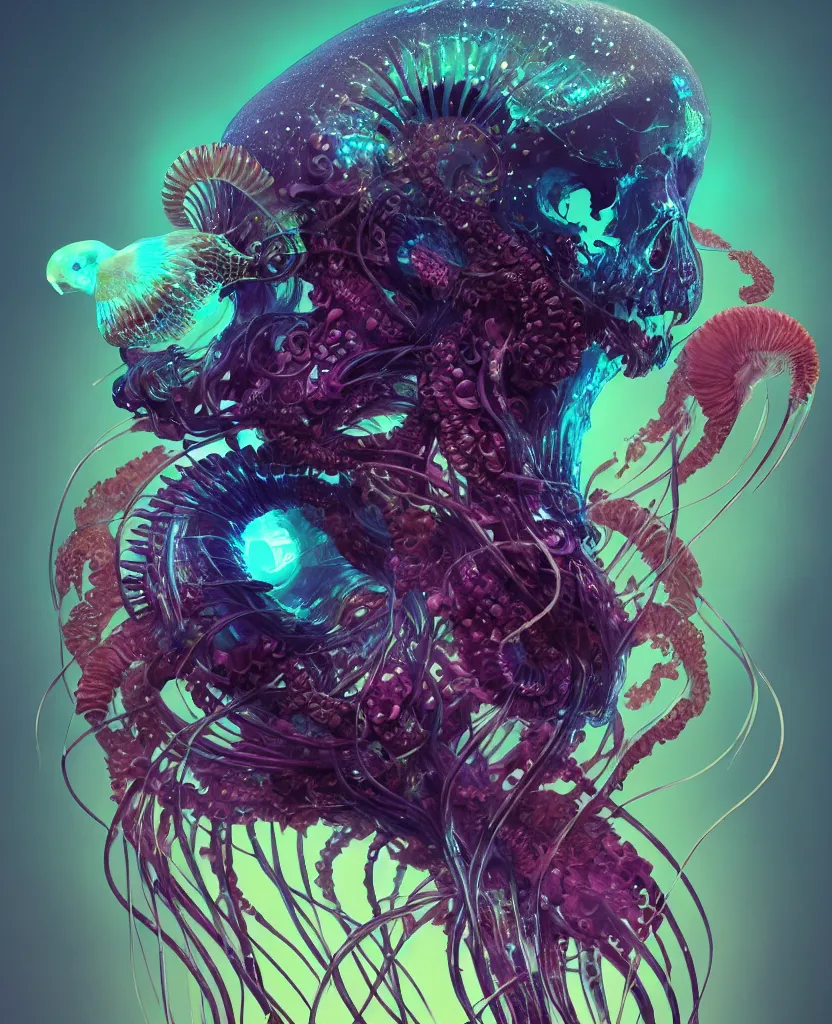 Image similar to goddess close-up portrait animal skull. jellyfish phoenix head, nautilus, orchid, skull, betta fish, bioluminiscent creatures, intricate artwork by Tooth Wu and wlop and beeple. octane render, trending on artstation, greg rutkowski very coherent symmetrical artwork. cinematic, hyper realism, high detail, octane render, 8k