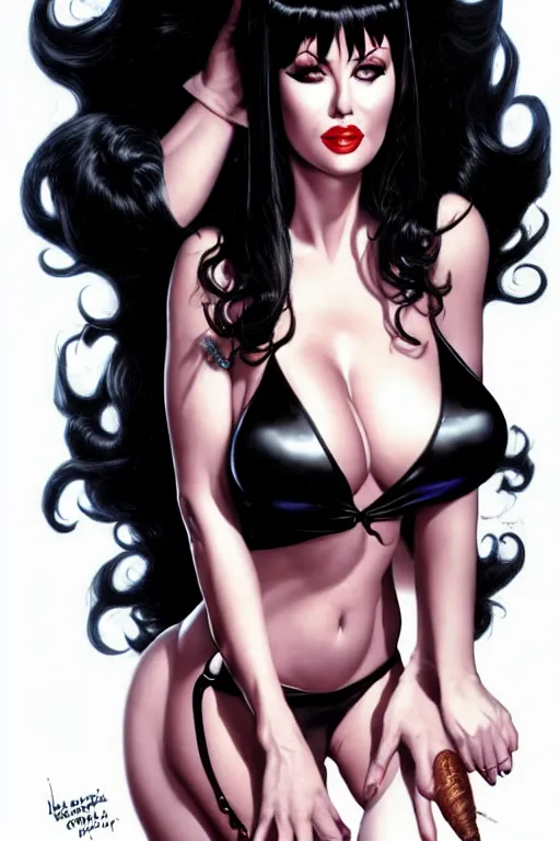 Image similar to a ( beautiful masterpiece highly detailed ) full body portrait illustration of intimate alluring elvira! mistress of the dark by ralph horsely and artgerm and joe jusko, raven black hair, porcelain white skin. betty page, curvy. trending on artstation