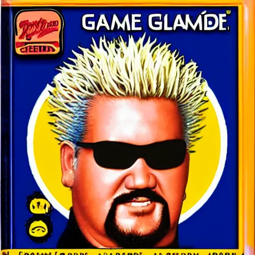 Prompt: guy fieri has ramen noodle hair for the nintendo genesis, game case, box art