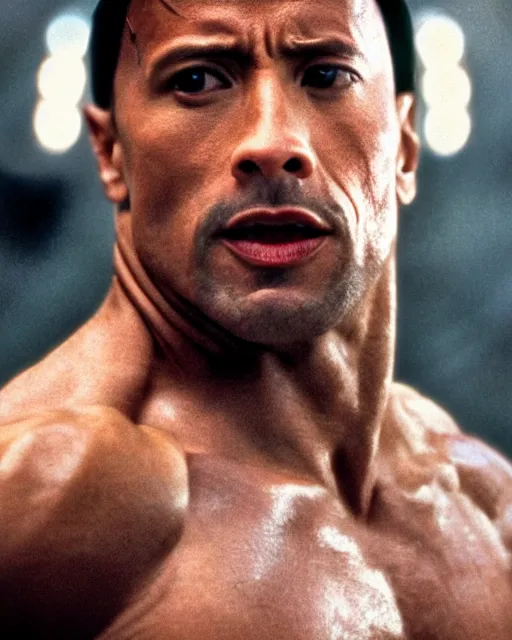 Image similar to Film still close-up shot of Dwayne Johnson as Rocky Balboa from the movie Rocky. Photographic, photography