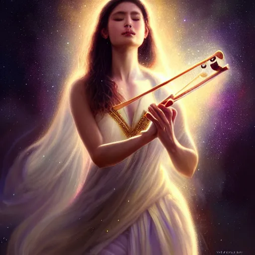 Prompt: a high quality life like portrait of a very very beautiful! celestial goddess of life playing a mystical violin and springing life into the universe, highly detailed, cinematic lighting, intricate, sharp focus, fantasy, mystical, dreamlike, exotic, realistic, by WLOP and greg rutkowski, trending on artstation