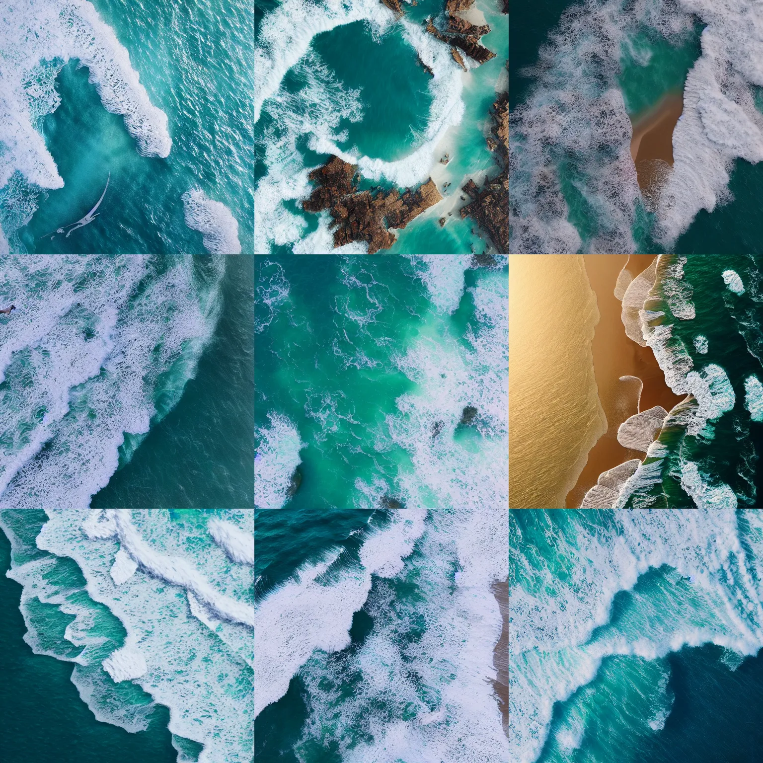 Prompt: bird's eye view of ocean, many islands, foamy waves, by WLOP, high realism, Artstation