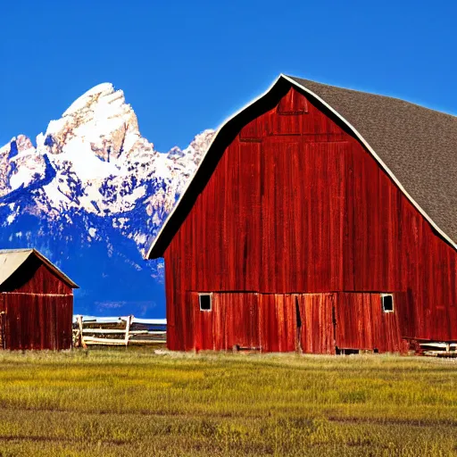 Prompt: a panoramic painting of the grand tetons with warm morning light shining on the mountains and a barn from mormon row in the forground