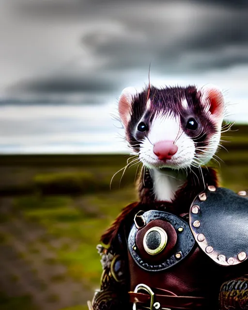 Image similar to ferret love warrior, furry, fantasy, viking, high detailed, hearts, photography, cloudy, lightweight leather armour, scandinavia, plain, detailed face, look into the distance, serious face, full body, in full growth, professional photographer, masterpiece, 5 0 mm, extremely detailed, digital art 8 k