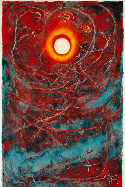 Image similar to a red crimson biomechanical talisman of eternal knowledge, aurora borealis, eclipse by maggi mcdonald, jackson pollock, mark rothko, sabina klein
