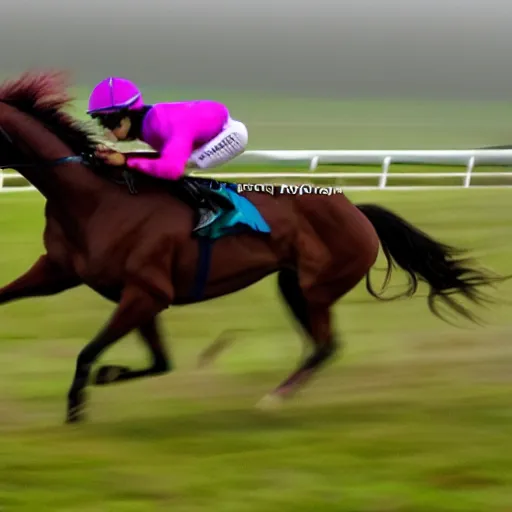 Image similar to close - up front view of a racing thoroughbred stallion ( with jockey in colorful outfit ) galloping extremely hard and emerging headfirst out of very dense ground fog to win a race at the track.