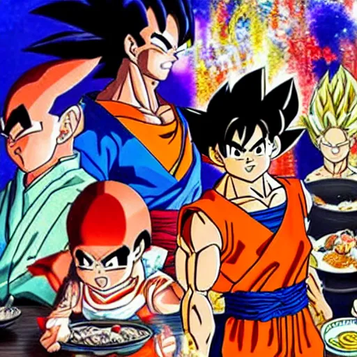 Image similar to Son Goku, dining at a fancy seafood restaurant, Akira Toriyama art, lovely background