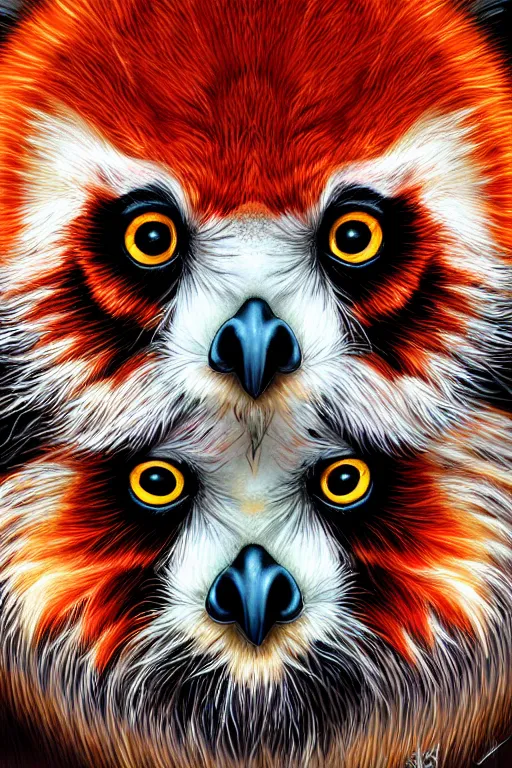 Image similar to an owl red panda hybrid, symmetrical, highly detailed, digital art, sharp focus, trending on art station