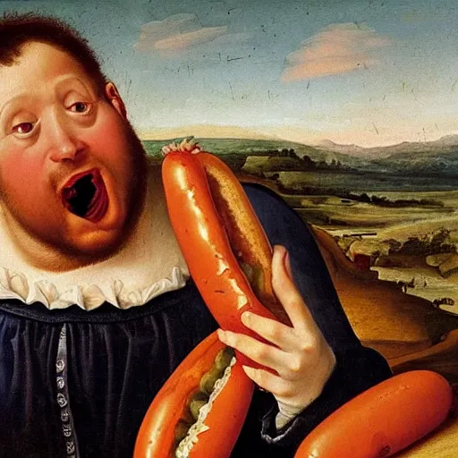 Image similar to a renaissance oil painting of a man eating way too many hotdogs, his stomach is distended, his expression is pure elation, high art, 8 k