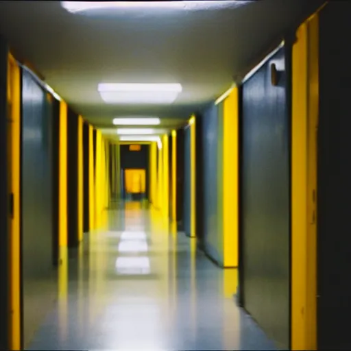 Prompt: an infinite empty yellow hallway, liminal space, vhs recording, sharp focus