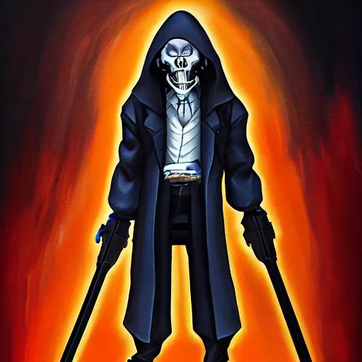 Image similar to Trending on artstation, Grim Reaper Vladimir Putin from Yu-Gi-Oh, in the style of Kazuki Takahashi, oil on canvas