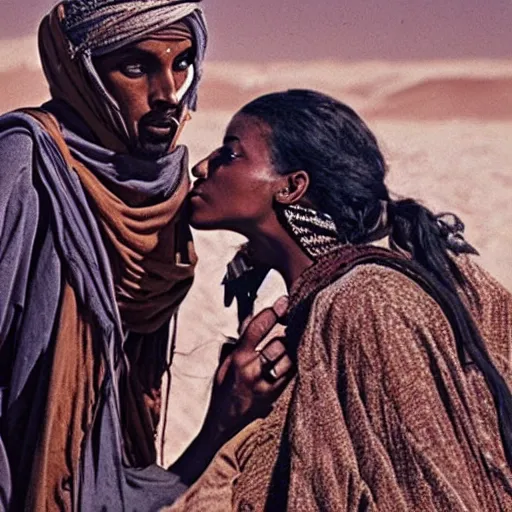 Image similar to a sand wraith kissing a handsome tuareg. Amazing detailed movie still