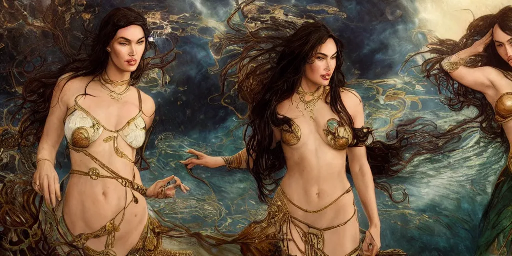 Prompt: hyperrealistic photograph megan fox and monica belucci as mythic goddesses in epic battle, movie poster underwater, a stunning beautiful georgia-era dresses, long hair, abundant detail, photography art by Marsha Raymers, art by artgerm and greg rutkowski and alphonse mucha, rembrandt, ArtStation, concept art, octane render, trending on artstation, artstationHD, artstationHQ, unreal engine, 4k, 8k,