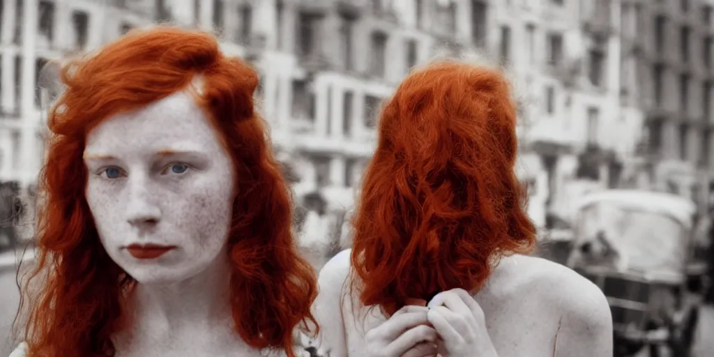 Prompt: a young red haired woman with freckles looks deeply into the camera, 1920's london street, 100, 50mm, art nouveau, f4.0, style of Joel Meyerowitz