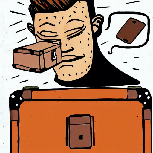 Prompt: brown suitcase containing domino mask being opened by a ginger caucasian male in a brown suit, jorge fornes artstyle, colorful, somber