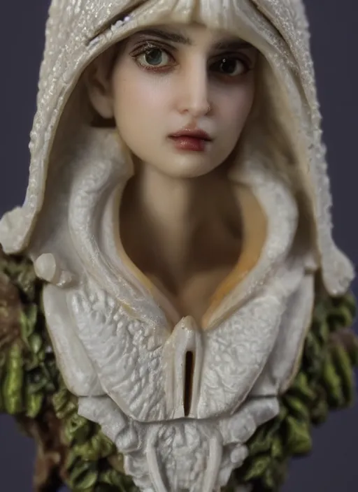 Prompt: 80mm resin detailed miniature of a beautiful Hypriestes, clothed in white roobe, olive skin, hood, beautiful bone structure, symmetrical facial features, Product Introduction Photos, 4K, Full body