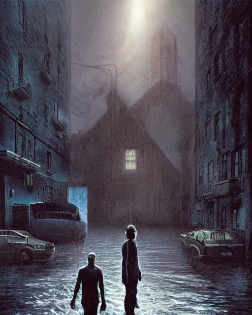 Image similar to concept illustration from the'0 0 s supernatural thriller'old as the water ', a high quality high detail digital matte painting by david mattingly and samuel araya and tony diterlizzi and michael whelan, hd 4 k 8 k, realistic hyperdetailed scene painting, photorealistic lighting, urban horror aesthetic, composition and scene layout inspired by gregory crewdson and brendon burton.