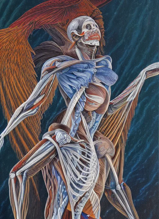 Prompt: an anatomical oil painting of a Harpy from a medical journal by Alex Grey and Julie Bell, highly detailed, high detail, 8k, storm clouds, birds, dramatic lighting