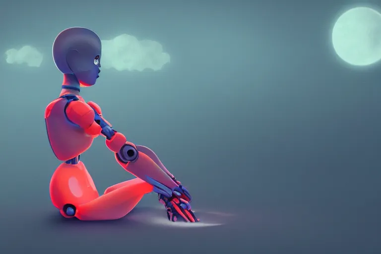 Image similar to a cute robot girl sitting on a cloud relaxing, misty, digital art, hazy, foggy, red lighting, ambient lighting, 8 k,