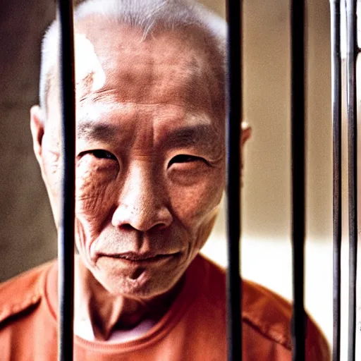 Image similar to a portrait of old justin sun in futuristic prison looking through the bars of his cell, by annie leibovitz, shallow depth of field, cinematic lighting