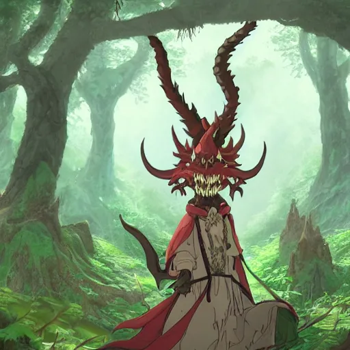 Image similar to concept art painting of an anthropomorphic dragon king with robes, a long dragon neck, and horned skull mask, in a deep forest, cel shaded, in the style of makoto shinkai and james gurney and studio ghibli and moebius