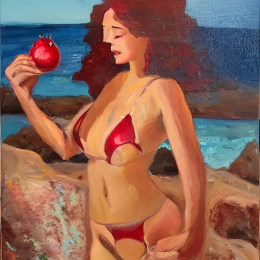 Prompt: oil on canvas woman in a bikini on a rock eating pomegranate dripping juice