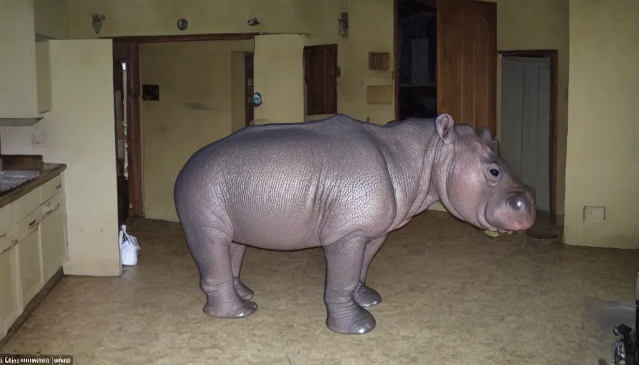 Prompt: a hippopotamus in a kitchen, by mini dv camera, very very low quality, heavy grain, very blurry, accidental flash, webcam footage, found footage, security cam, caught on trail cam