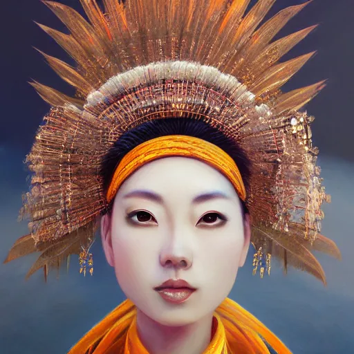 Image similar to beautiful japanese oil panting of a lady in headdress, rendered by octane, depth of field, ultra detailed, rococo, zen concept, trending on artstation, 8k