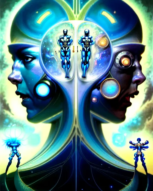 Image similar to a portrait of gemini man and woman fantasy character portrait made of fractals facing each other, ultra realistic, wide angle, intricate details, the fifth element artifacts, highly detailed by peter mohrbacher, hajime sorayama, wayne barlowe, boris vallejo, aaron horkey, gaston bussiere, craig mullins