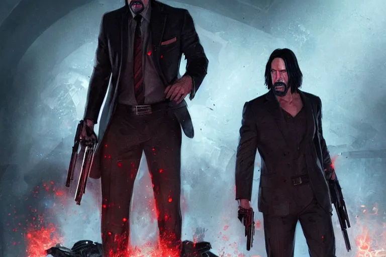 Image similar to keanu reeves as john wick, doom eternal concept art, killing demons, cinematic