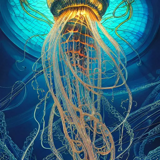 Image similar to a beautiful hyperrealistic ultradetailed comic art of gigantic glowing complex multi-layered intricate jellyfish creatures with long flowing tendrils, by Justin Gerard and Laurie Greasley and Peter Mohrbacher and Dan Mumford, tarot card art, detailed shading, vray octane, redshift. micro details, dramatic lighting, volumetric lighting, 8k