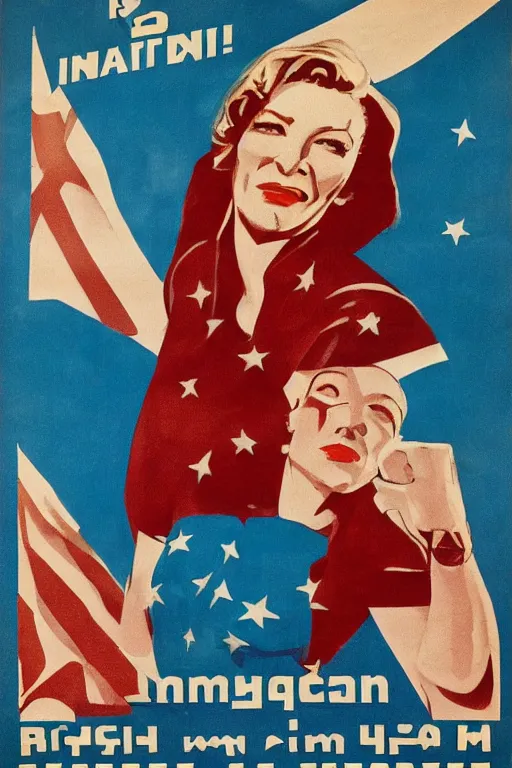 Image similar to american propaganda poster with cate blanchett calling on the world community to fight against Nazism, Ultra Detailed, soviet realism